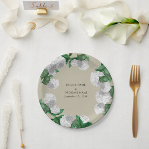 Plato De Papel Boda moderna con hortensias blancas y vegetación f