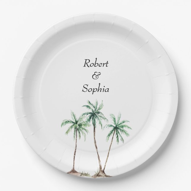 Plato De Papel Boda moderna con palma de acuarela (Anverso)