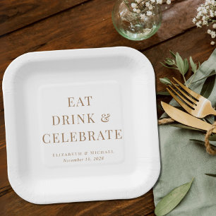 Plato De Papel Boda Moderna de Blanco y Oro Come Bebe Celebra