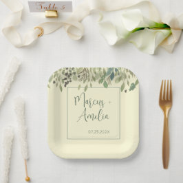 Plato De Papel Boda Moderna de Crema y Eucalipto