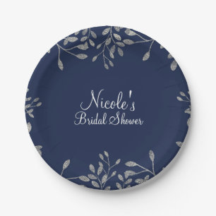 Plato De Papel Boda moderna elegante botánica azul y plata