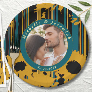 Plato De Papel Boda moderna girasol azul teal dorado