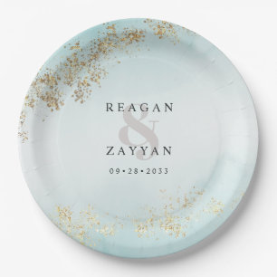 Plato De Papel Boda Moderna Luxe con Brillos de Oro y Niebla Teal