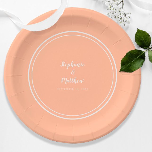 Plato De Papel Boda moderna y elegante de melocotón blanco (Peach White Modern Custom Bride & Groom Wedding Paper Plates)