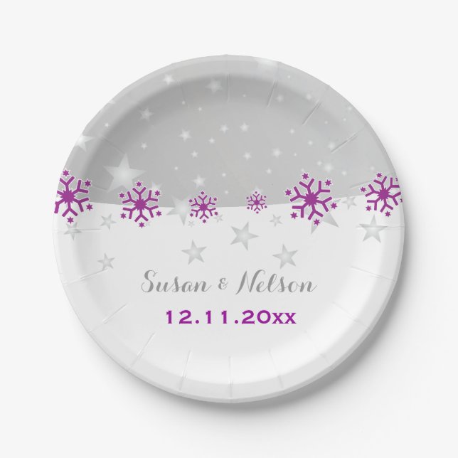 Plato De Papel Boda moderno con copo de nieve gris morado y plate (Anverso)