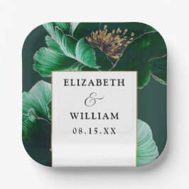 Plato De Papel Boda moderno elegante con flores de oro verde esme