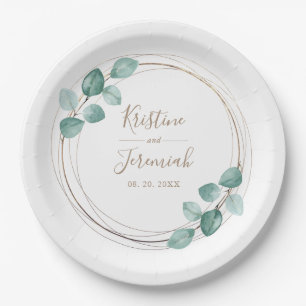 Plato De Papel Boda moderno Eucalyptus Watercolor Gold Script