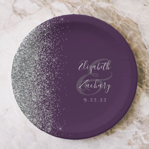 Plato De Papel Boda Moderno Morado Oscuro con Brillo Plateado