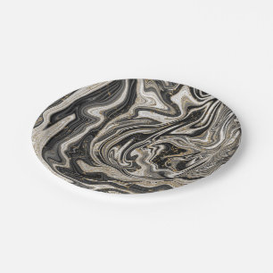 Plato De Papel Boda moderno Swirl blanco y dorado negro Moda