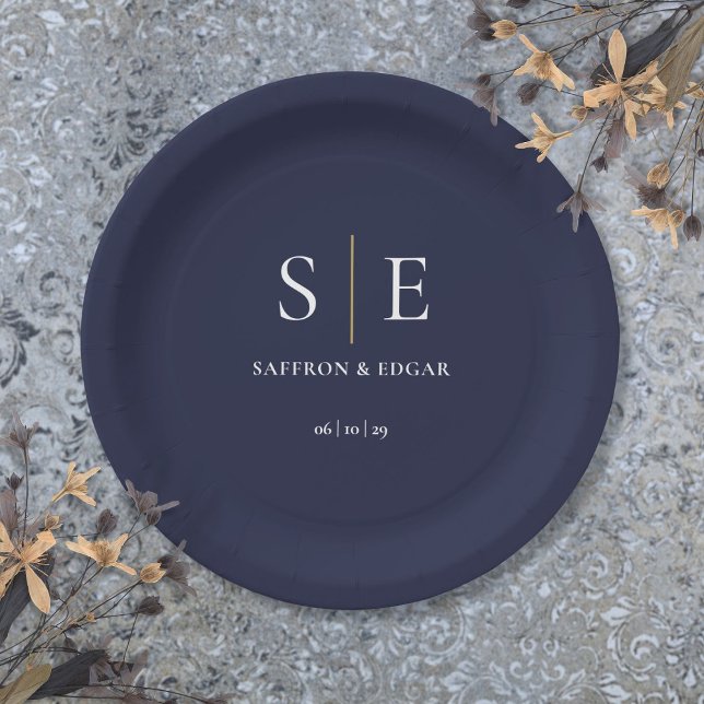 Plato De Papel Boda Monograma Azul Y Oro De La Marina (Navy Blue And Gold Monogram Wedding Paper Plates)