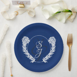 Plato De Papel Boda monograma clásico azul real