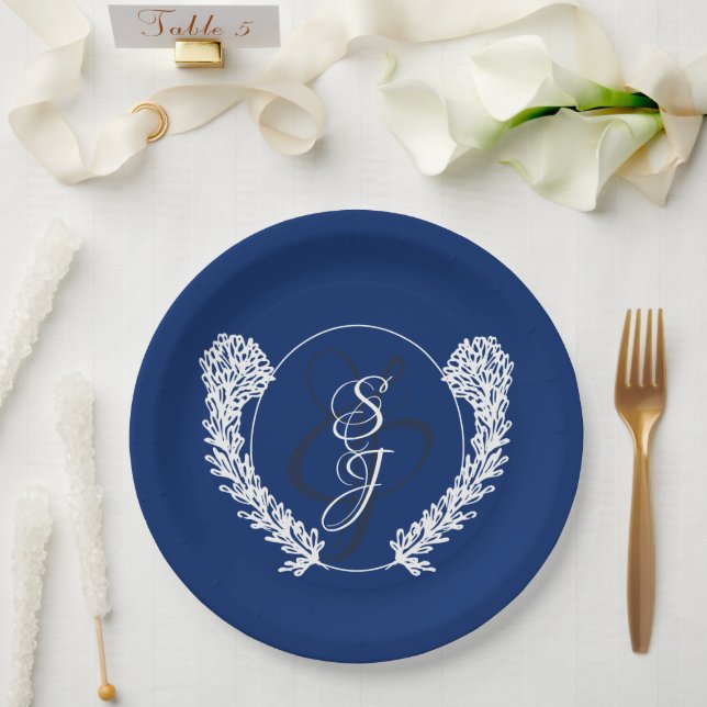 Plato De Papel Boda monograma clásico azul real (Boda)