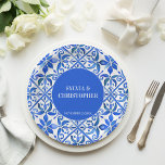 Plato De Papel Boda monograma de azulejos azules azules azules az<br><div class="desc">Azulejo azul Talavera Baldosas mexicanas españolas elegante monograma de boda plancha de placas de papel impreso personalizadas,  colores vivos vivos vivos negritas boda recepción decoración personalizada</div>