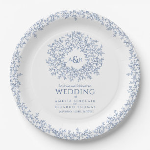 Plato De Papel Boda monograma de dibujo de hoja de círculo blanco