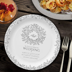 Plato De Papel boda monograma de dibujo de hoja de círculo mono