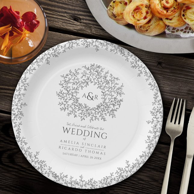 Plato De Papel boda monograma de dibujo de hoja de círculo mono (Subido por el creador)