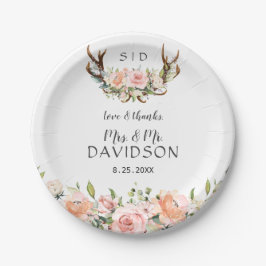 Plato De Papel Boda Monograma de las Flores Rubor rosa Charm Antl