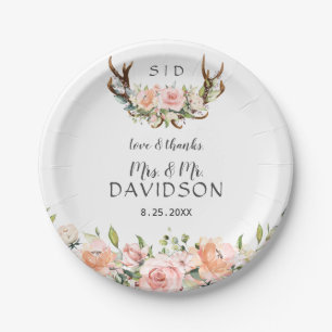 Plato De Papel Boda Monograma de las Flores Rubor rosa Charm Antl