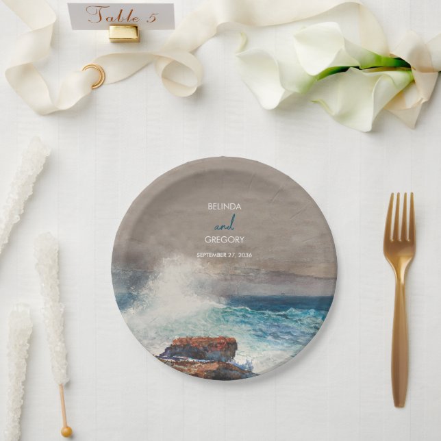 Plato De Papel Boda Monograma de las olas oceánicas de la playa d (Boda)