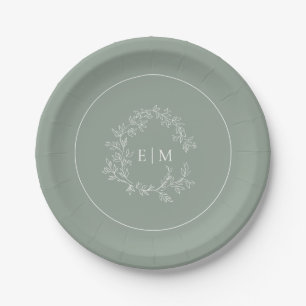 Plato De Papel Boda Monograma del Escudo de Leafy Verde Masaje Mo