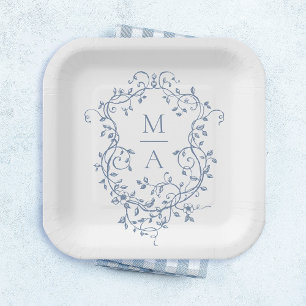 Plato De Papel Boda Monograma del Escudo Floral Azul Clásico