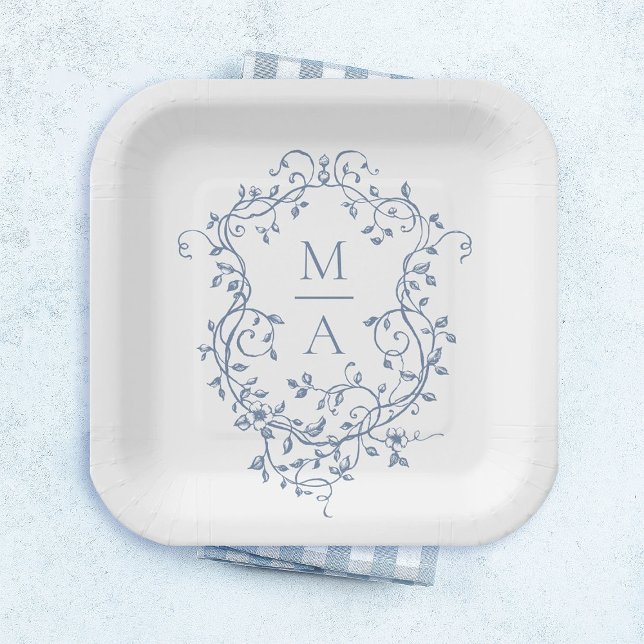 Plato De Papel Boda Monograma del Escudo Floral Azul Clásico (Subido por el creador)