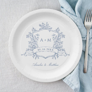 Plato De Papel Boda Monograma del Escudo Floral Azul Dusto clásic