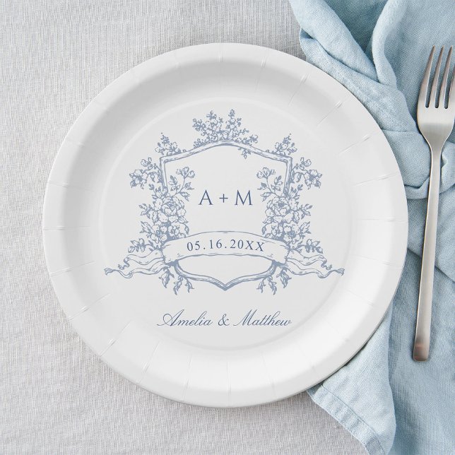 Plato De Papel Boda Monograma del Escudo Floral Azul Dusto clásic (Subido por el creador)