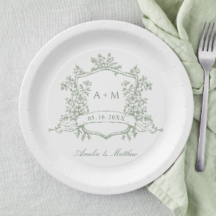 Plato De Papel Boda Monograma del Escudo floral verde sabio clási