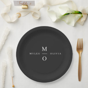 Plato De Papel Boda Monograma Elegante Minimal Elegante Negro