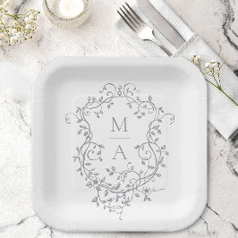 Plato De Papel Boda Monograma Escudo floral clásico gris