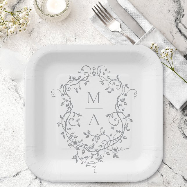 Plato De Papel Boda Monograma Escudo floral clásico gris (Subido por el creador)