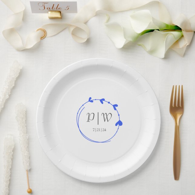 Plato De Papel Boda Monograma Real Blue Simple Heart Wreath (Boda)
