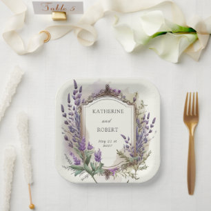 Plato De Papel Boda Monograma Regal de Lavanda de color de agua