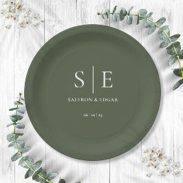 Plato De Papel Boda Monograma Verde Oliva