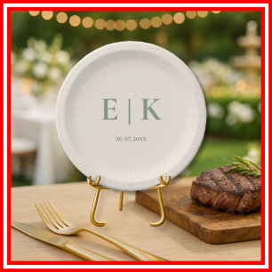 Plato De Papel Boda Monograma Verde Salvia