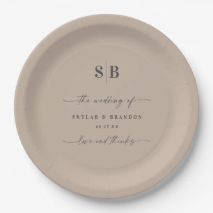 Plato De Papel Boda monogramado beige de color sólido simple
