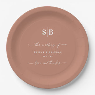 Plato De Papel Boda monogramado de terracota de color sólido simp