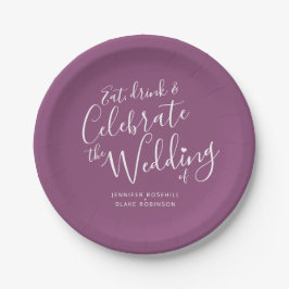 Plato De Papel Boda mulberry morado guión blanco personalizado