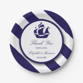 Plato De Papel Boda Nautical Stripes & Navy Blue Ship