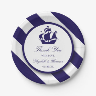 Plato De Papel Boda Nautical Stripes & Navy Blue Ship