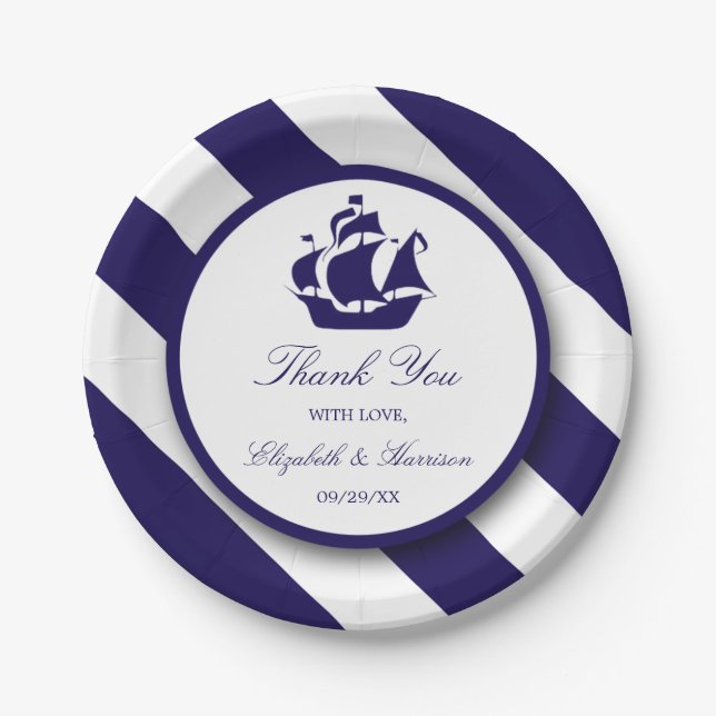 Plato De Papel Boda Nautical Stripes & Navy Blue Ship (Anverso)