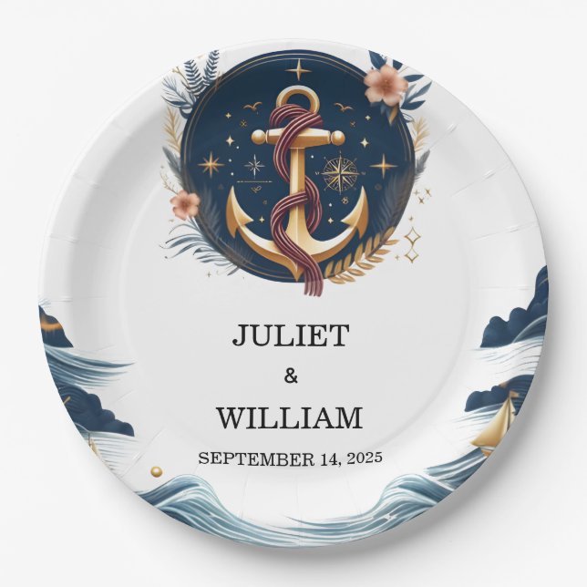 Plato De Papel Boda Náutico Azul de la Marina de Barco Rope Knot (Anverso)