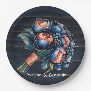 Plato De Papel Boda Navy Blue y Copper Peony Bouquet Wood