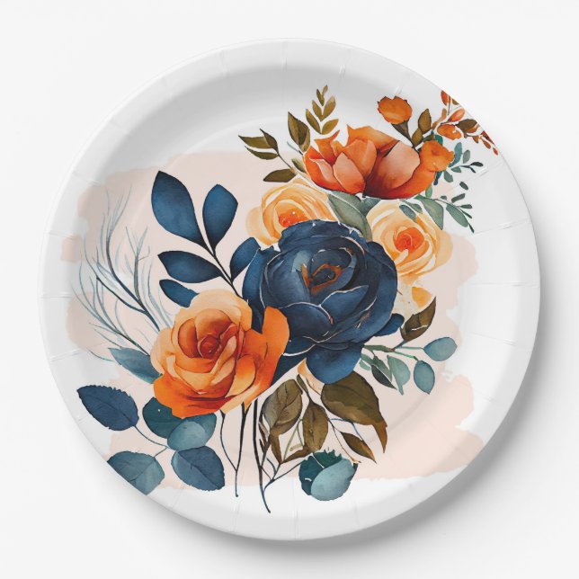 Plato De Papel Boda Navy Blue y Naranja Peony (Anverso)