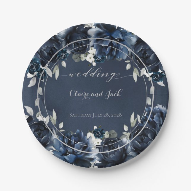 Plato De Papel Boda Navy Peony 7 pulgadas Luncheon (Anverso)