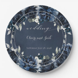 Plato De Papel Boda Navy Peony de 9 pulgadas