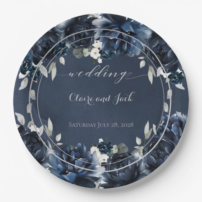 Plato De Papel Boda Navy Peony de 9 pulgadas (Anverso)