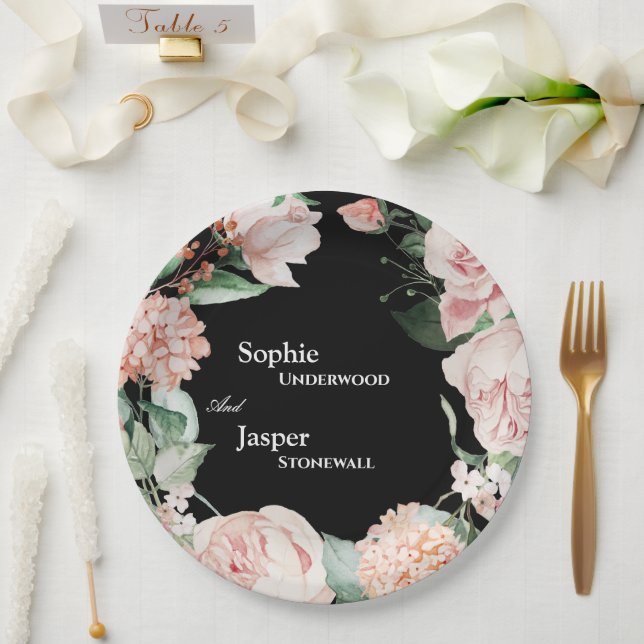 Plato De Papel Boda negro floral de Rubor (Boda)