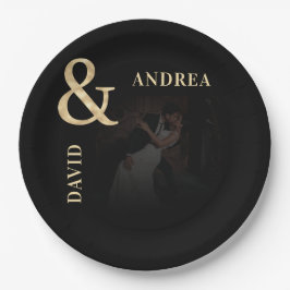 Plato De Papel Boda negro y negro de color oscuro con foto y oro